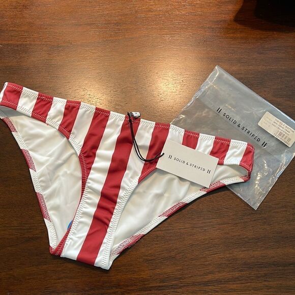 Solid and Striped Dusty Red and Cream Swimsuit Bottom - Picture 1 of 3